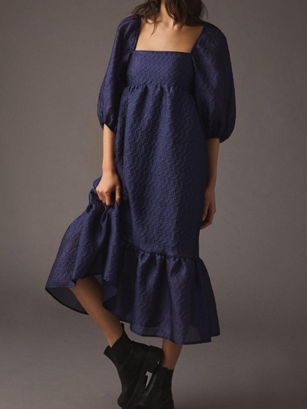 NWT Anthropologie Navy Blue Textured Puff Sleeve Dress